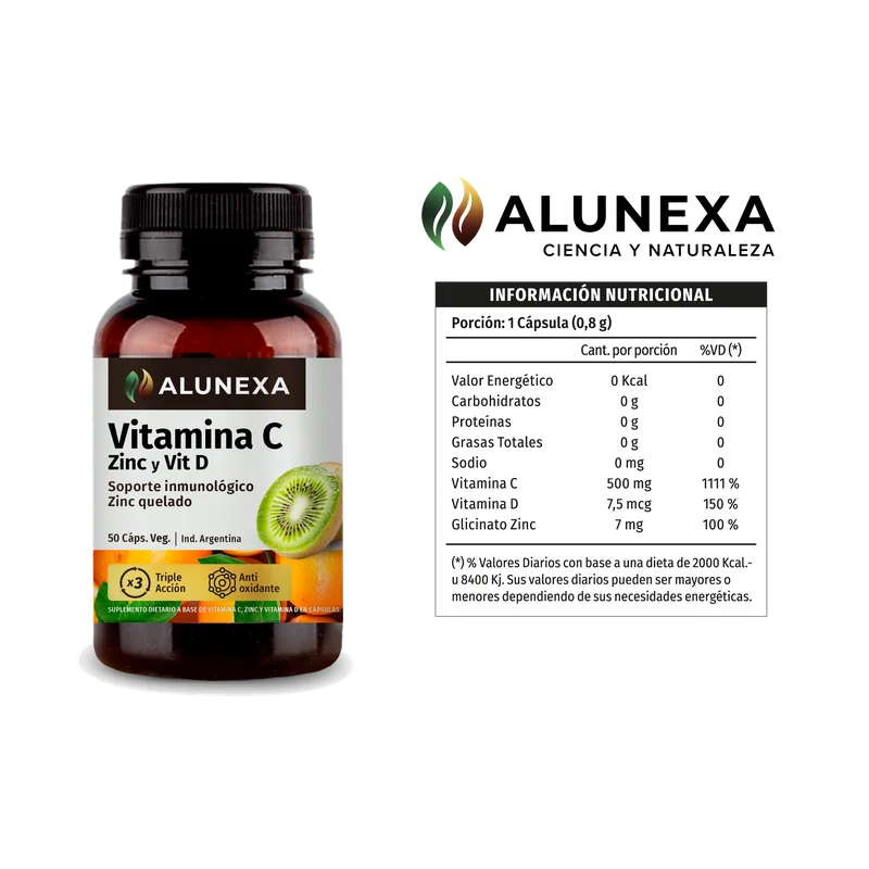 Tabla nutricional Vitamina C Zinc y Vitamina D Alunexa
